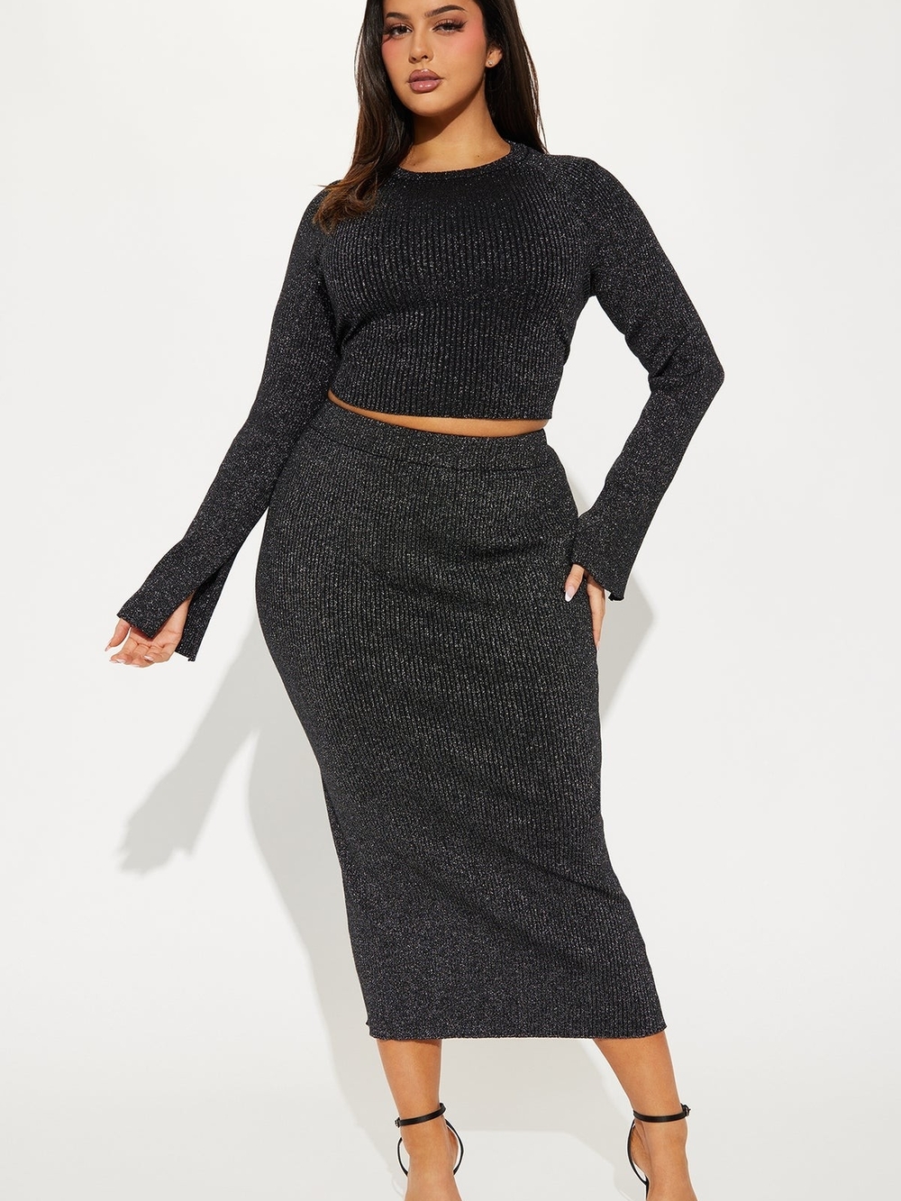 Black Metallic Ribbed Midi Skirt & Long Sleeve Set